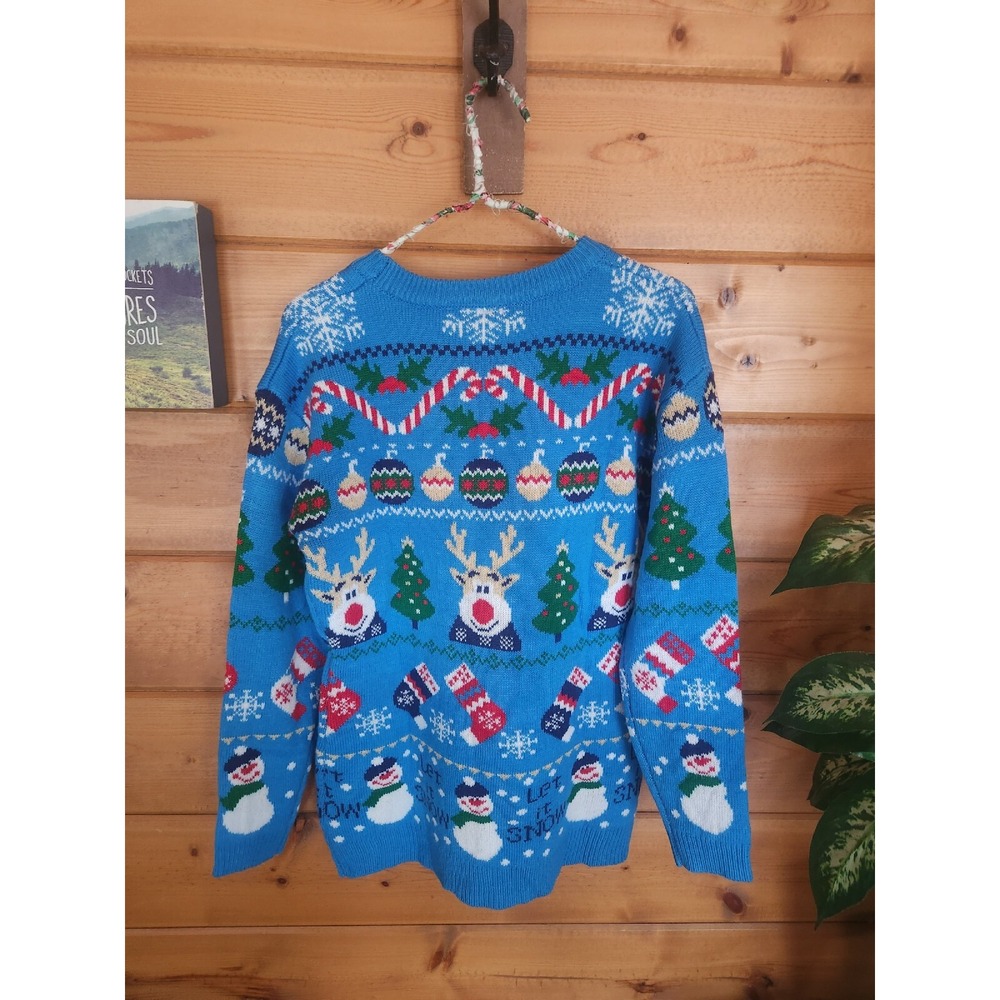 New Ugly Christmas Holiday Reindeer Snowman Let it Snow Sweater Blue Medium‎ V28 - Picture 4 of 5